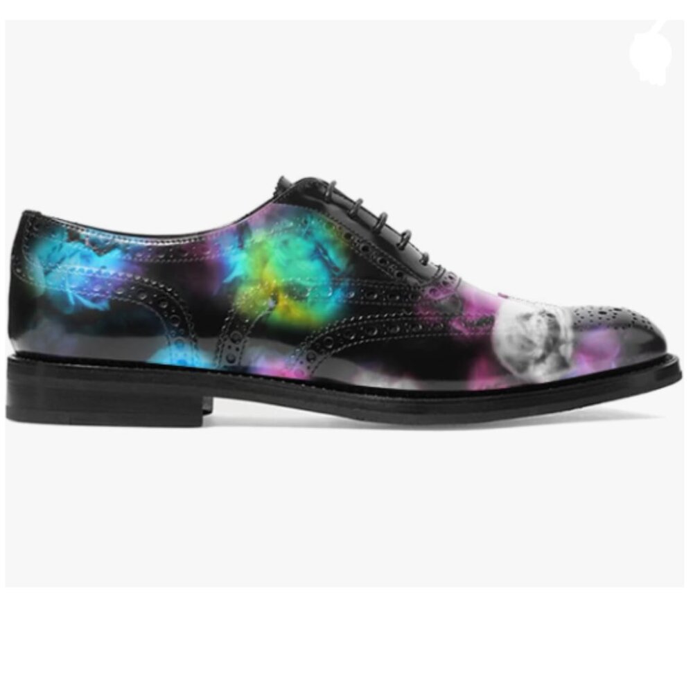 FOWT Black Blue Perforated Self Tie Oxfords Cap Toe Lace Pattern Brogue Shoes